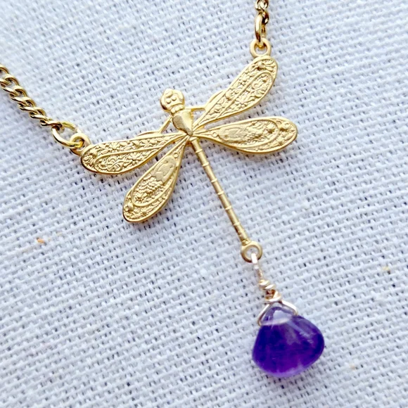 Handmade AMETHYST Gemstone DRAGONFLY Pendant Charm Necklace. 16-18" - Picture 7 of 12
